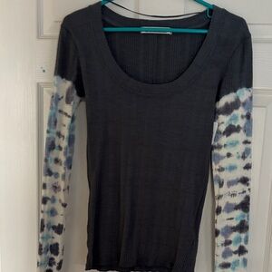Free People Dark Gray Top with Tie-Dye Sleeves